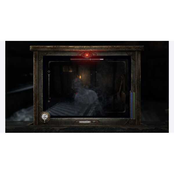 Haunted camera monitor capturing ghostly apparition in a dark setting.