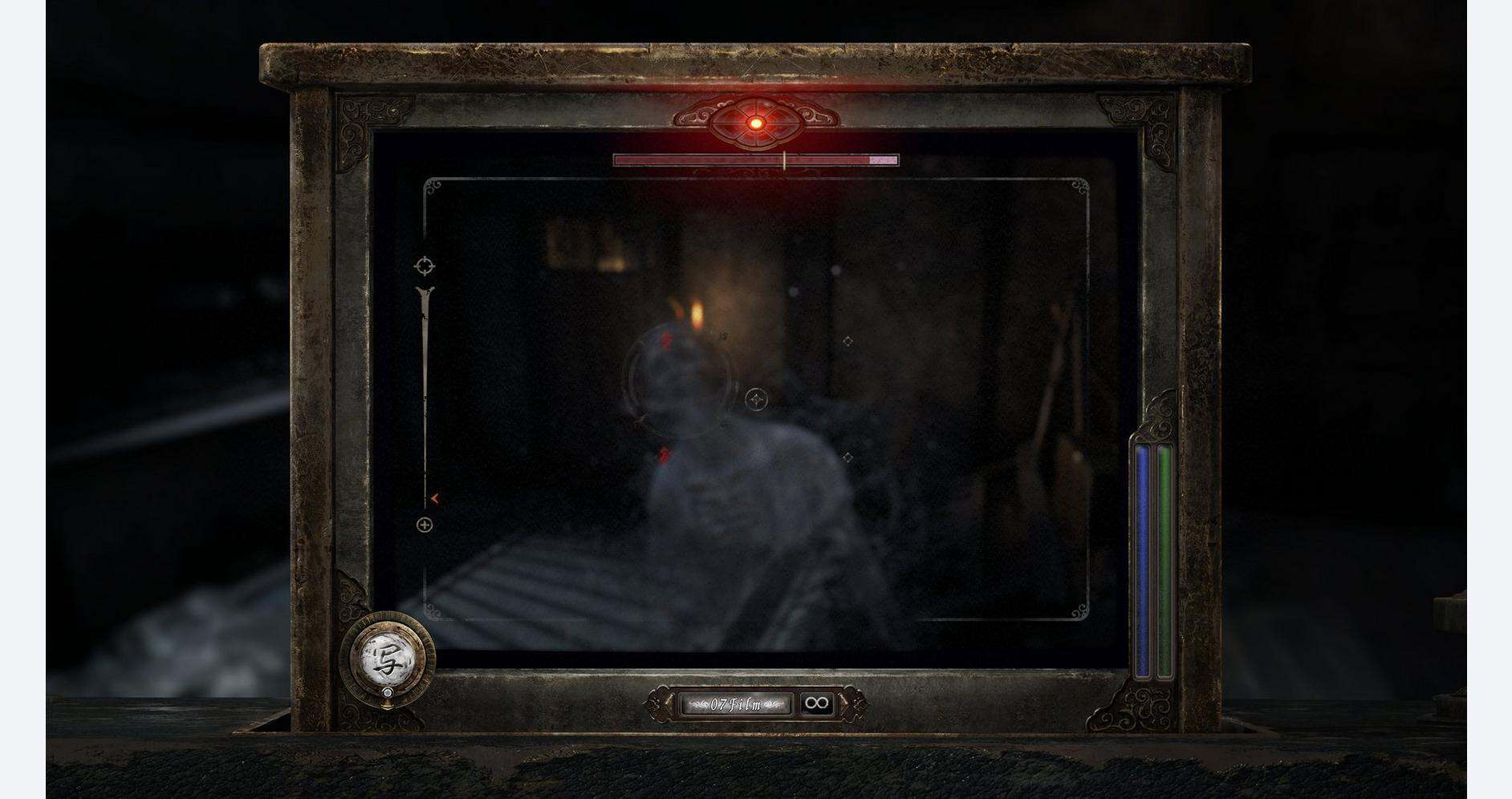 Haunted camera monitor capturing ghostly apparition in a dark setting.