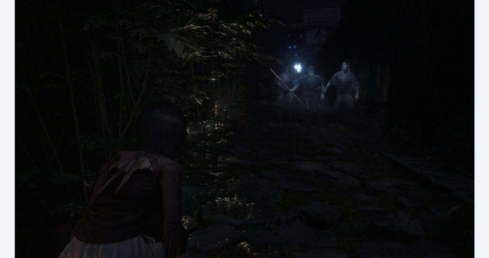 Eerie scene from Fatal Frame II remake with ghostly figures in dark forest.