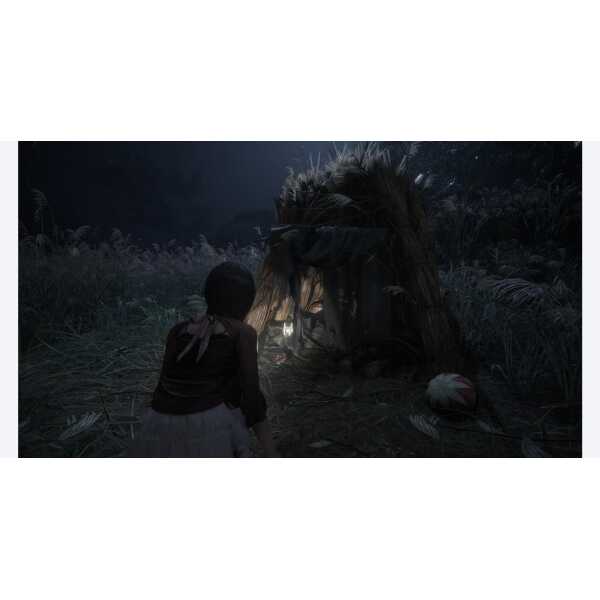 Eerie scene from FATAL FRAME II remake with girl facing a ghostly figure in a dark forest.