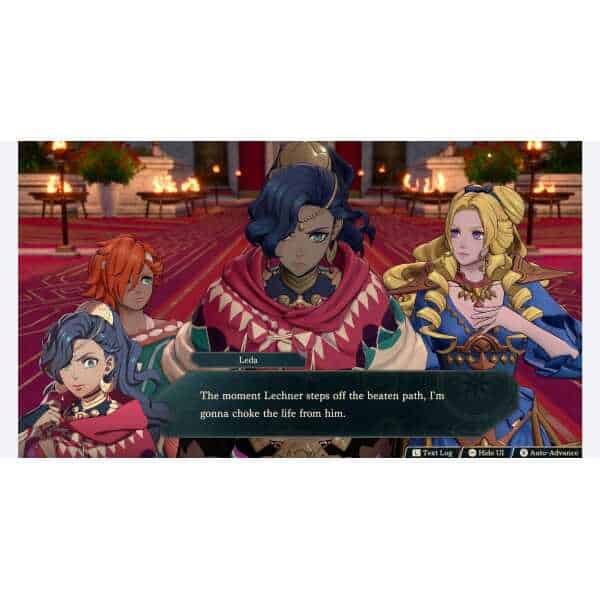 Gameware scene from Fire Emblem: Fortune's Weave with characters in a palace setting.