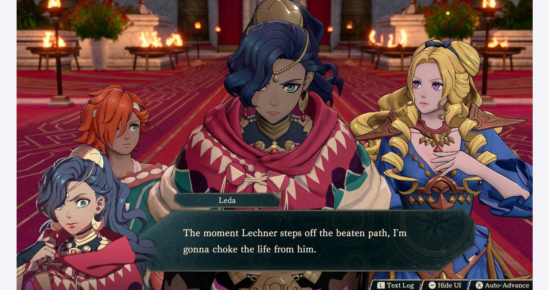 Gameware scene from Fire Emblem: Fortune's Weave with characters in a palace setting.
