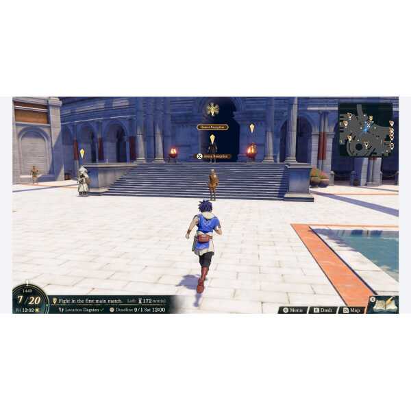 Player running towards castle entrance in Fire Emblem: Fortune's Weave game.