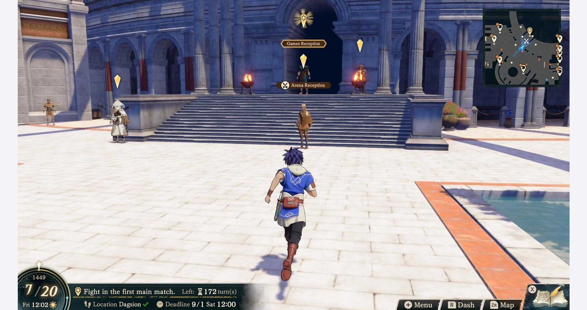 Player running towards castle entrance in Fire Emblem: Fortune's Weave game.