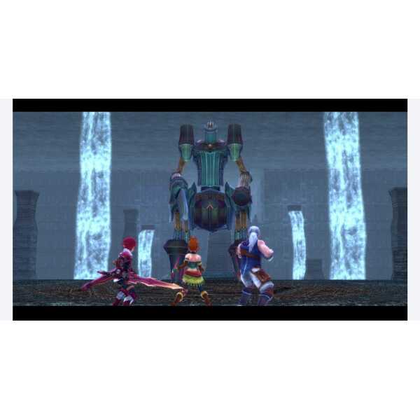 Heroes face a towering mechanical enemy in a dramatic fantasy setting.