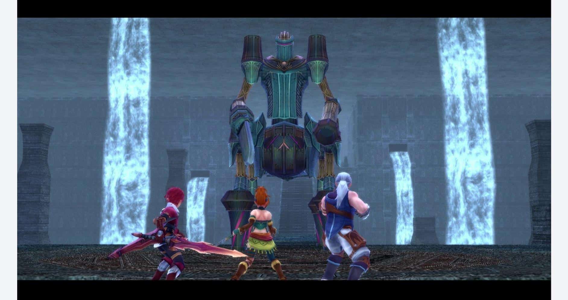 Heroes face a towering mechanical enemy in a dramatic fantasy setting.