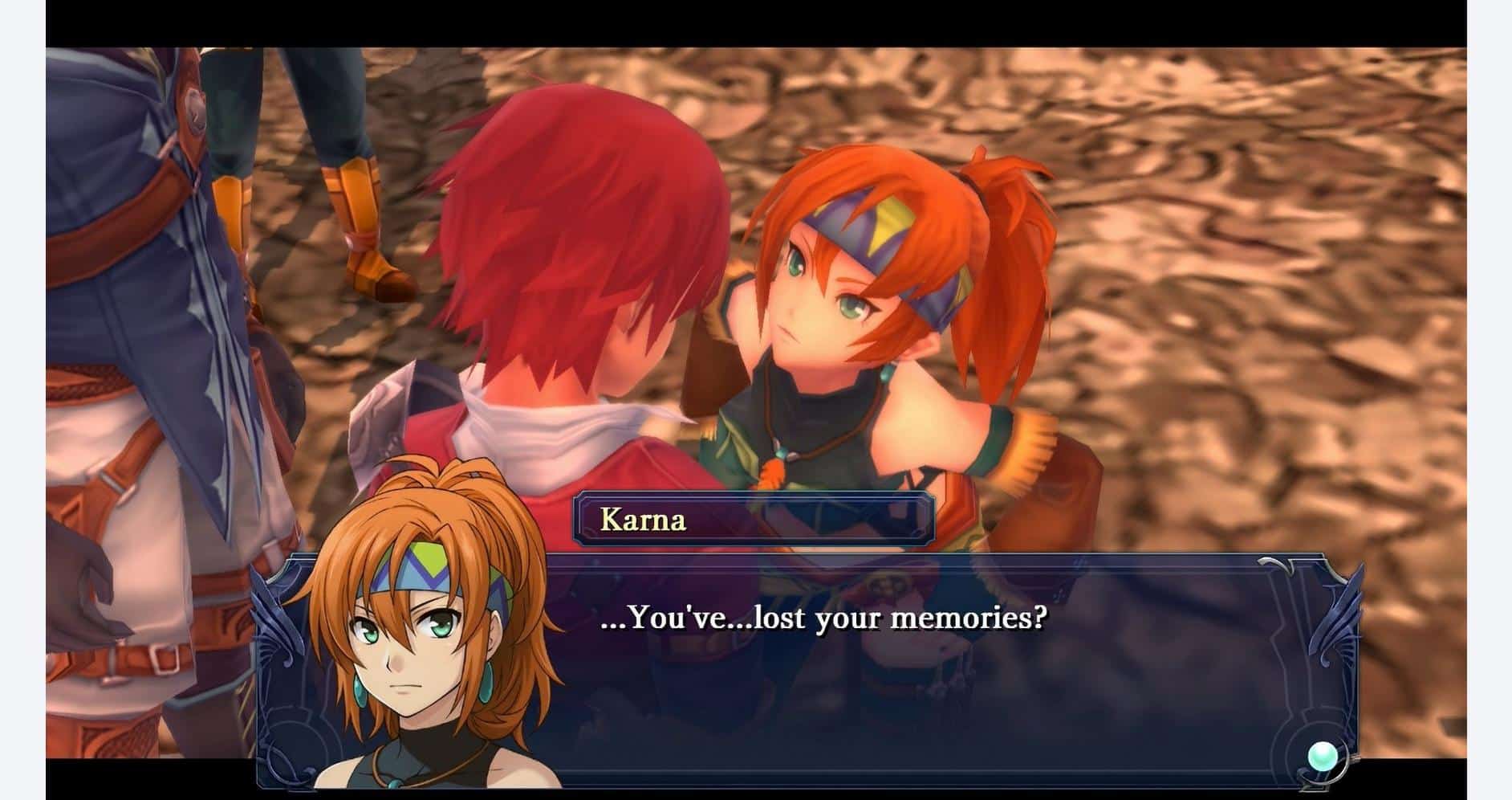 In-game scene from Ys Memoire: Revelations in Celceta showing characters Karna and Adol.