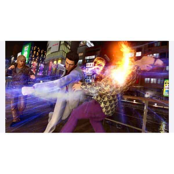 Intense fight scene from Yakuza Kiwami 2 with characters battling in a neon-lit city.