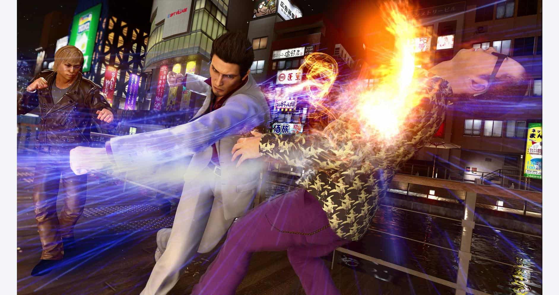 Intense fight scene from Yakuza Kiwami 2 with characters battling in a neon-lit city.