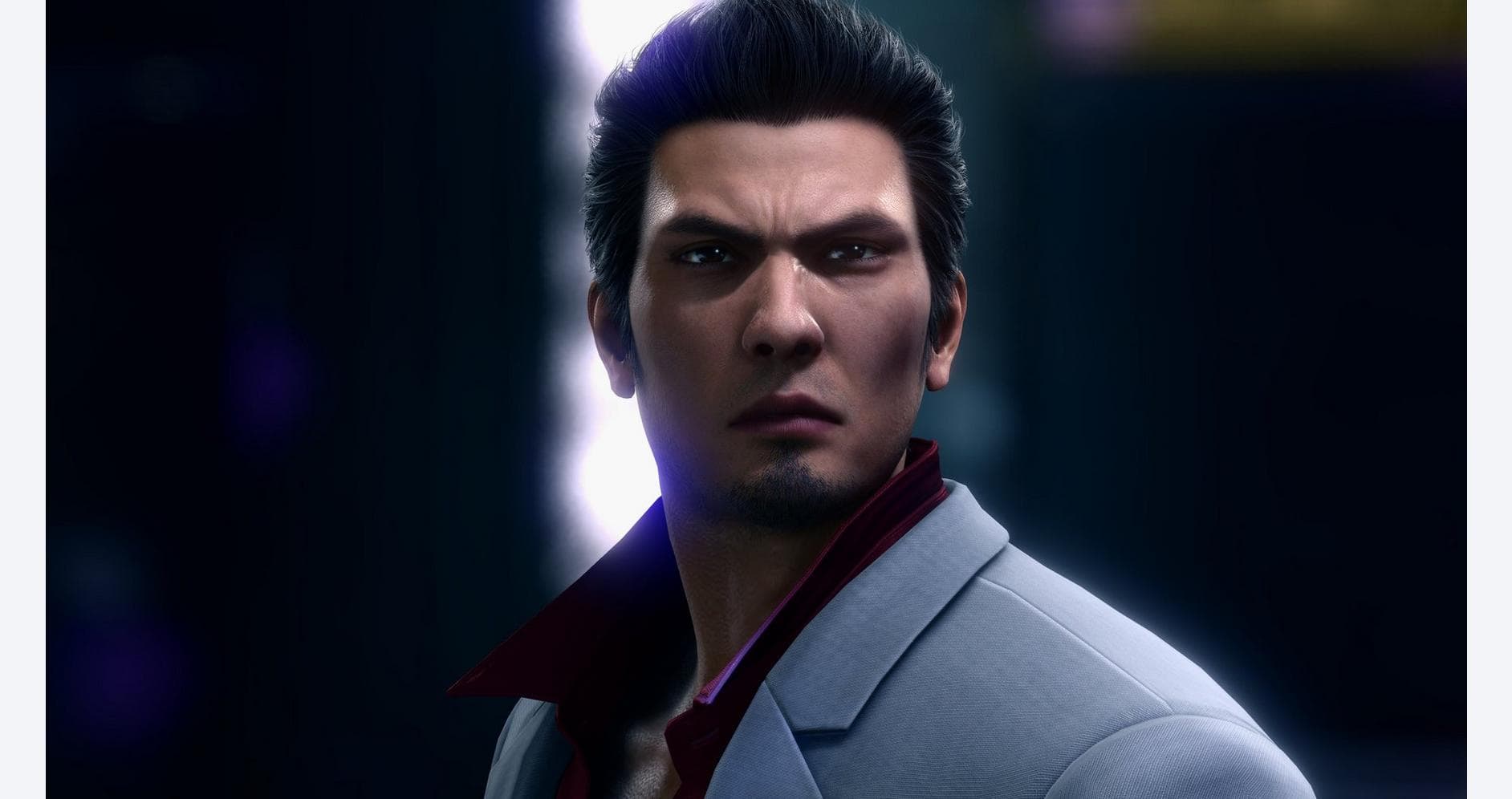 Close-up of a male character from Yakuza Kiwami 2 with intense expression.