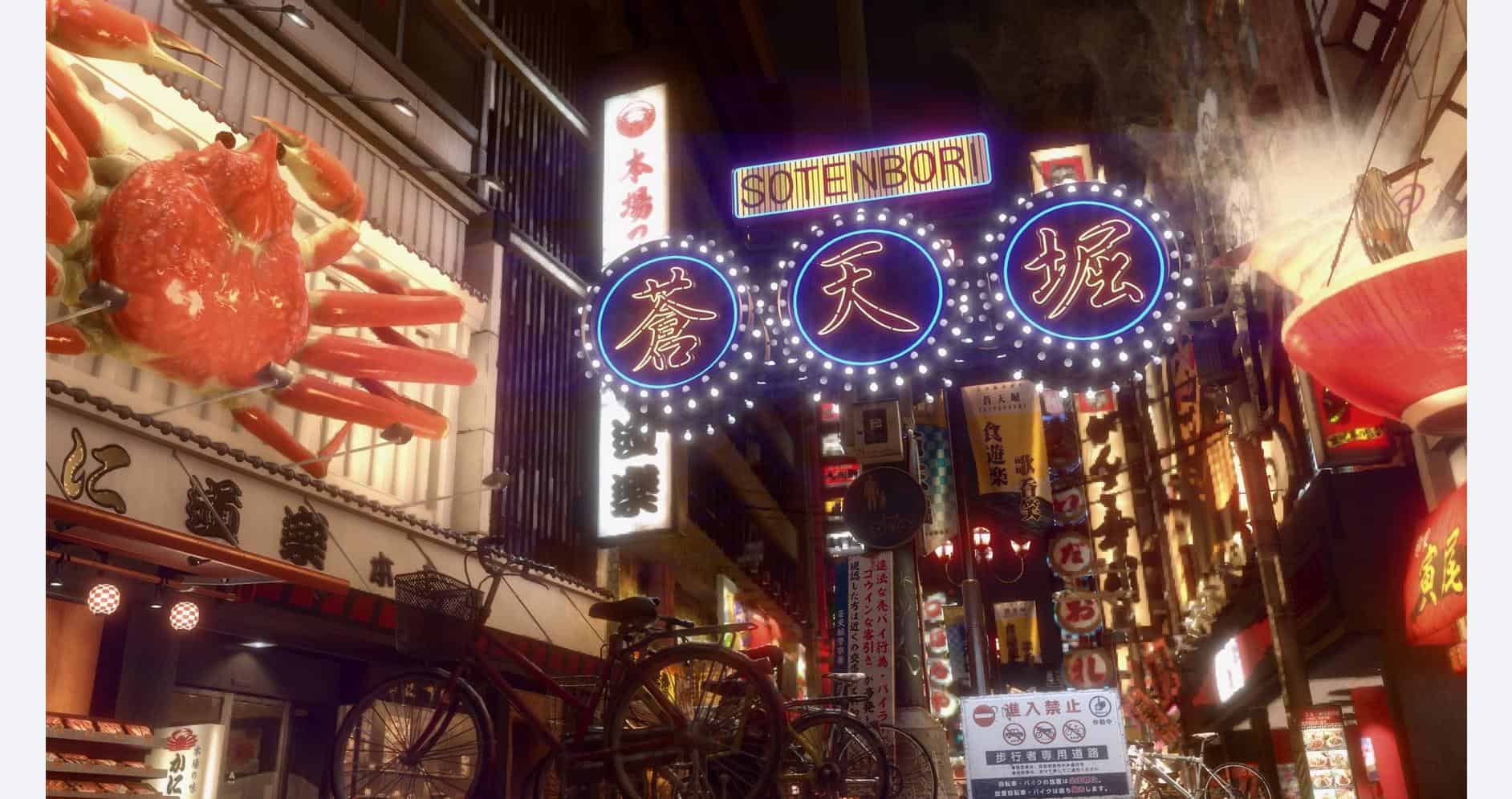 Vibrant night cityscape from Yakuza Kiwami 2 featuring neon signs and bustling streets.