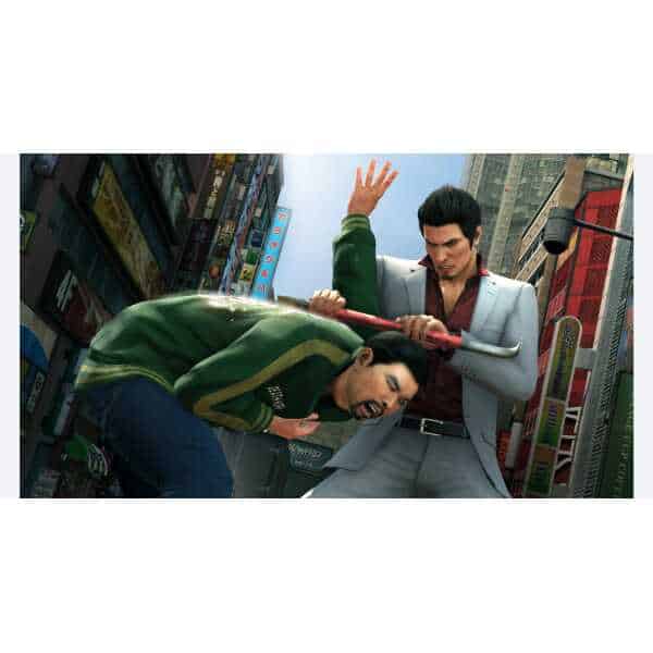 Intense fight scene from Yakuza Kiwami 2 in a busy city street.