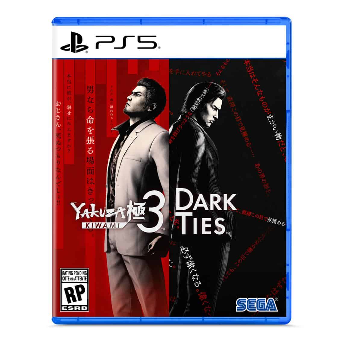 Cover art for Yakuza Kiwami 3 & Dark Ties on PS5, featuring characters in black and white.