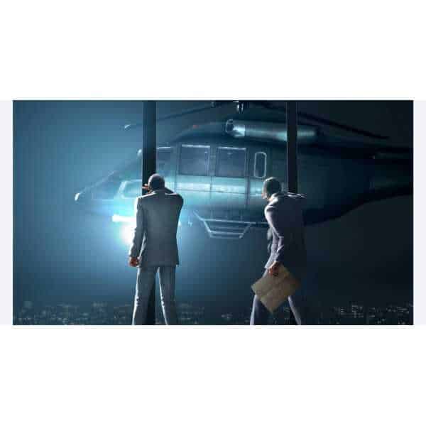 High-quality image from Yakuza Kiwami 3 featuring characters in suits near a helicopter.