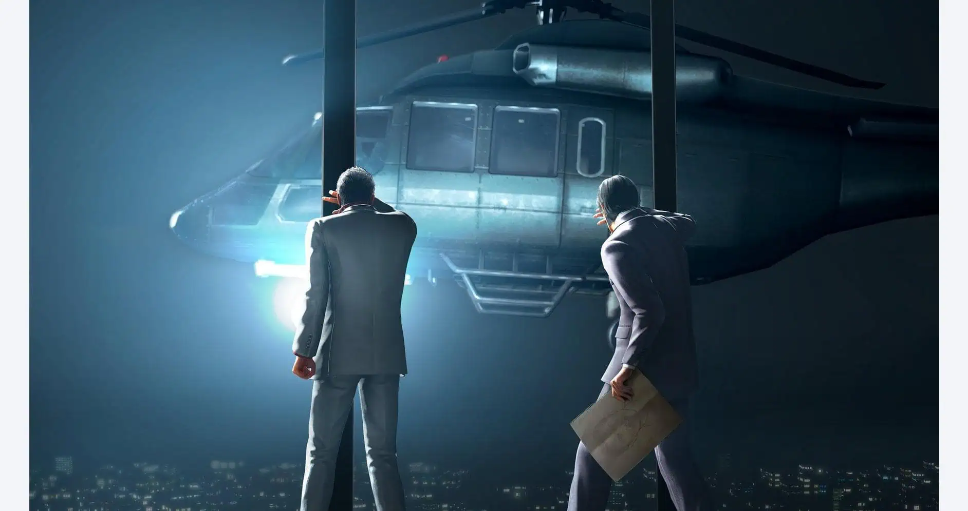 High-quality image from Yakuza Kiwami 3 featuring characters in suits near a helicopter.