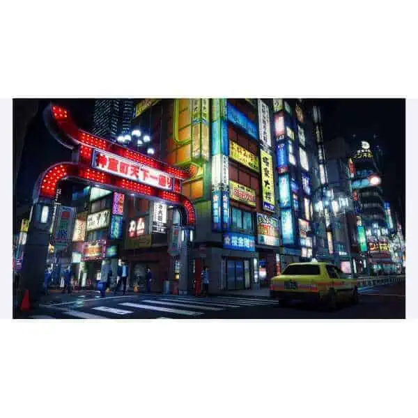 Bright neon-lit city street with towering buildings, colorful signs, and a yellow taxi at night.