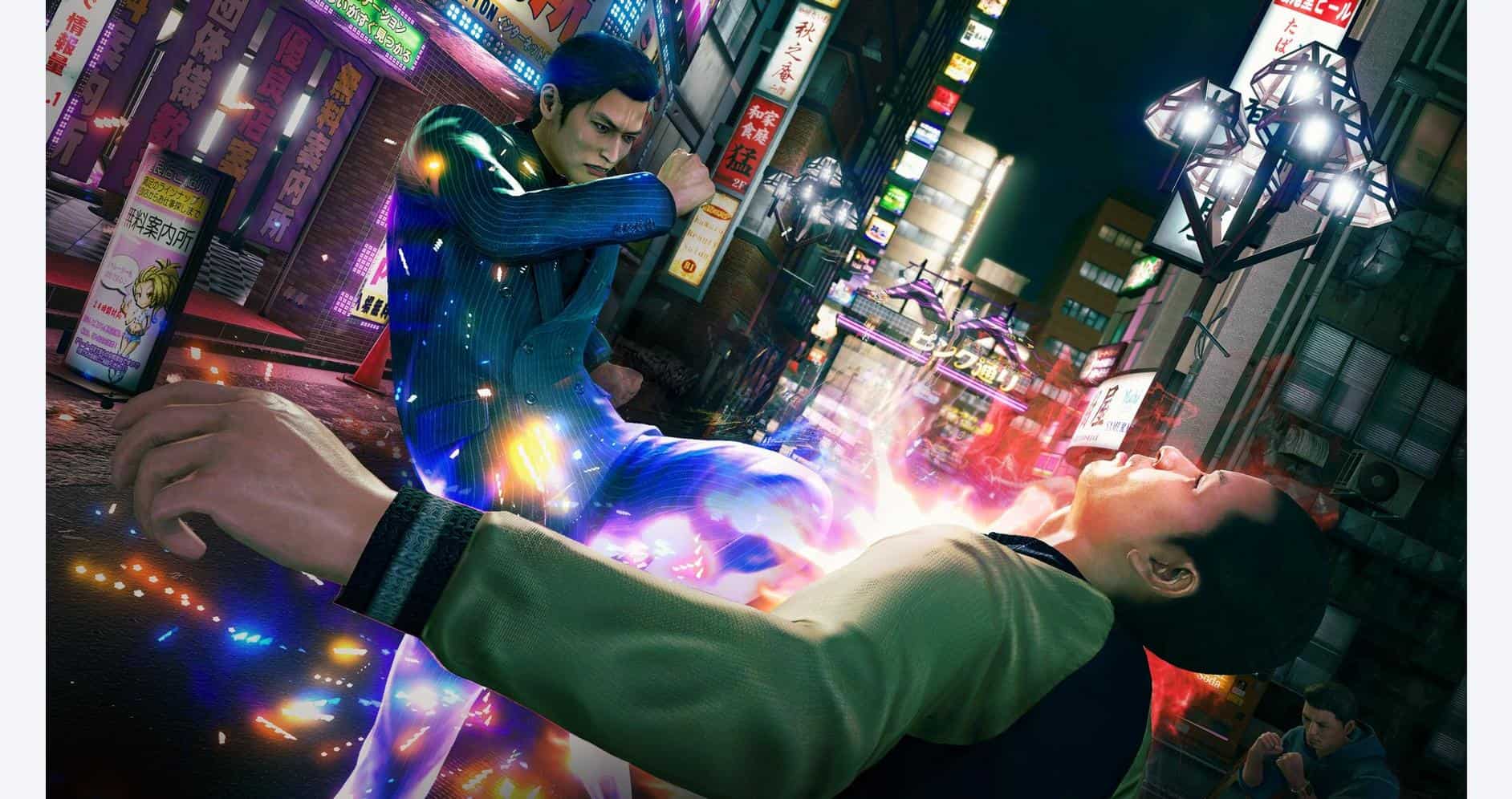 Intense fight scene from Yakuza Kiwami 3 set in a vibrant city at night.