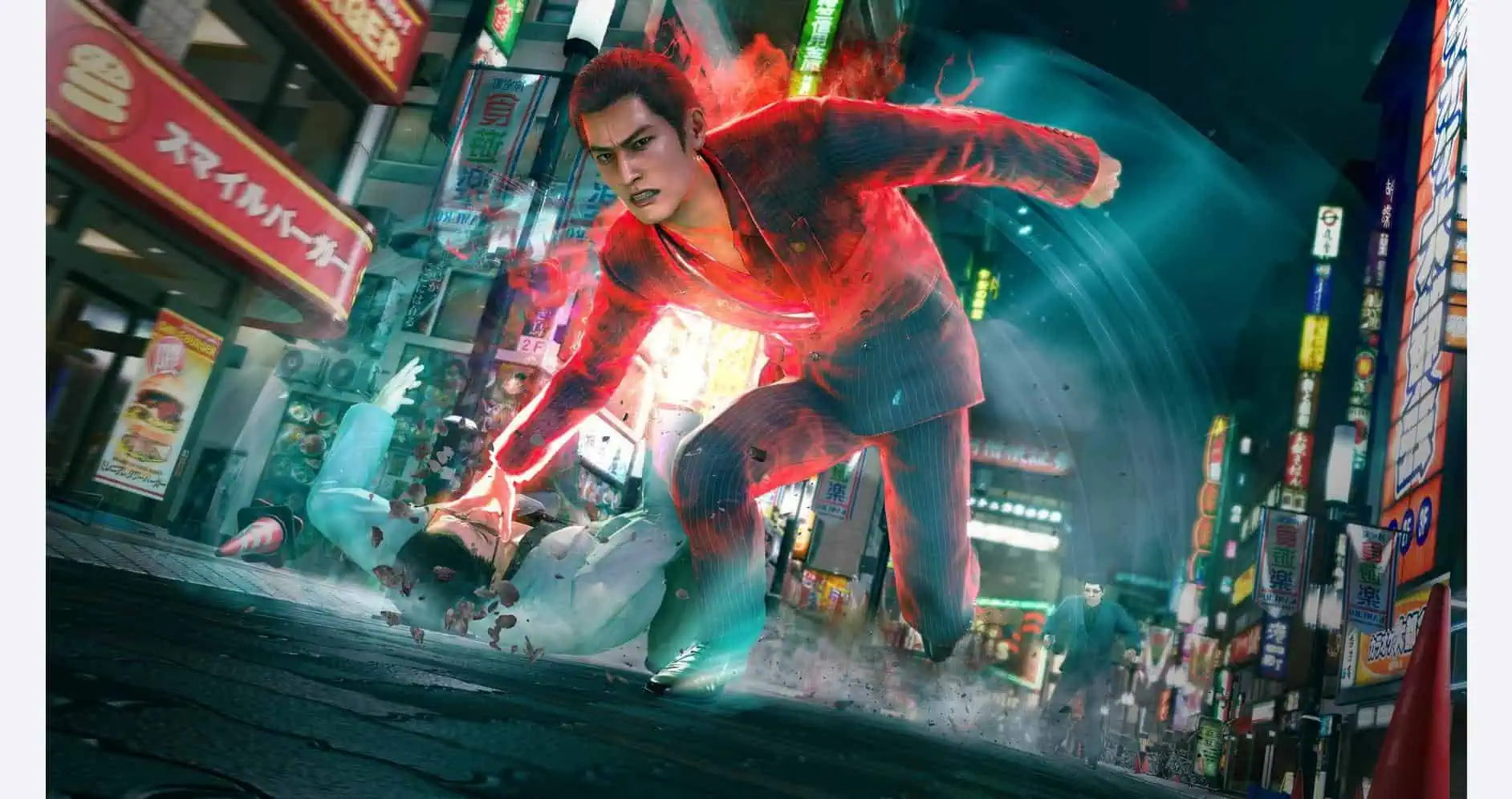 Yakuza Kiwami 3 and Dark Ties action scene in a vibrant city street.