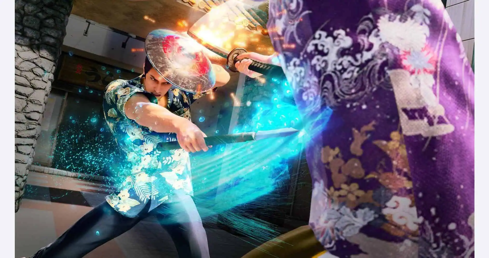 Intense fight scene from Yakuza Kiwami 3 featuring characters in traditional Japanese attire.