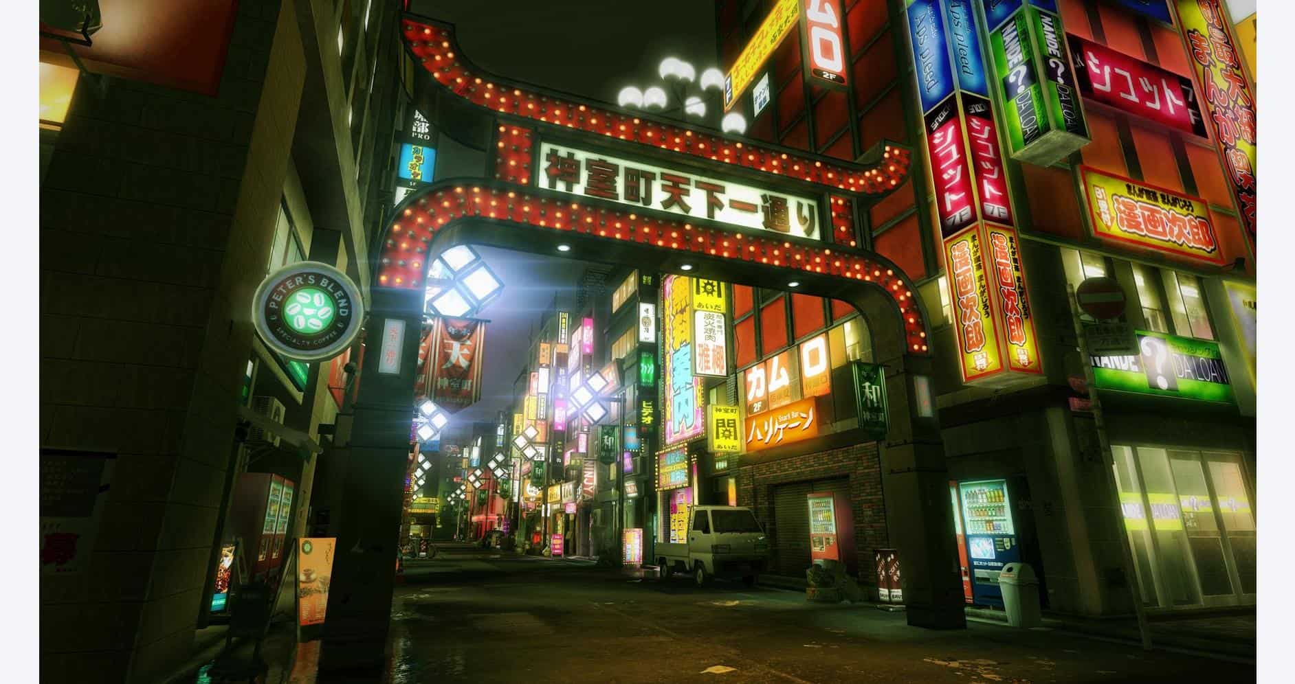 Bright neon signs illuminate a busy urban street scene in Tokyo, Japan.