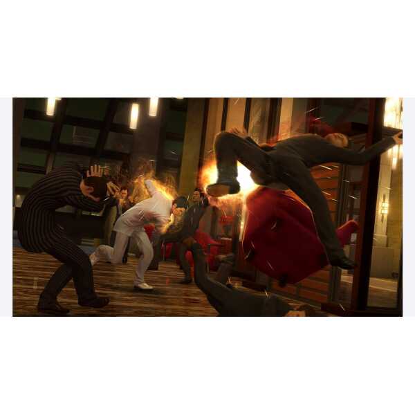 Intense fight scene from Yakuza Kiwami 1 with characters battling in a modern setting.