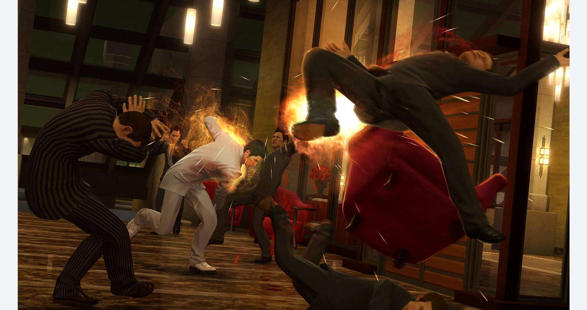 Intense fight scene from Yakuza Kiwami 1 with characters battling in a modern setting.