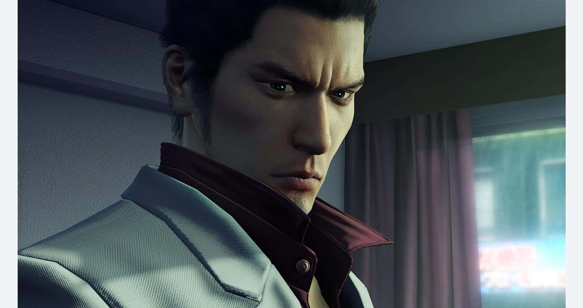 Yakuza Kiwami 1 character in a detailed scene, showcasing intense expression and stylish attire.