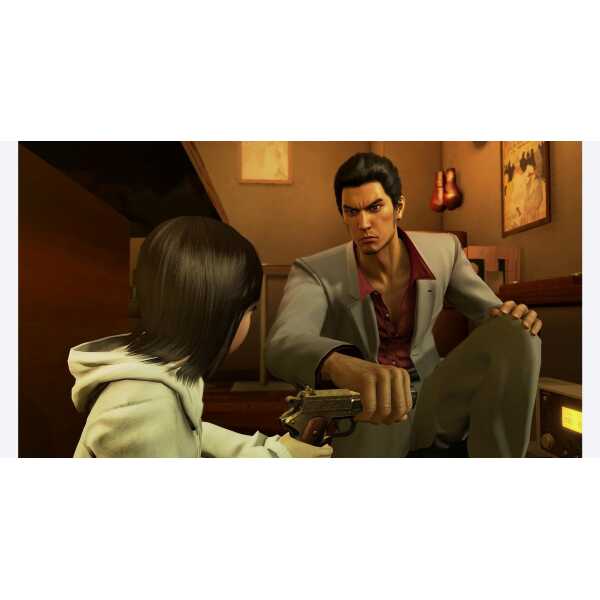 Yakuza Kiwami 1 scene with intense confrontation and gunpoint standoff.