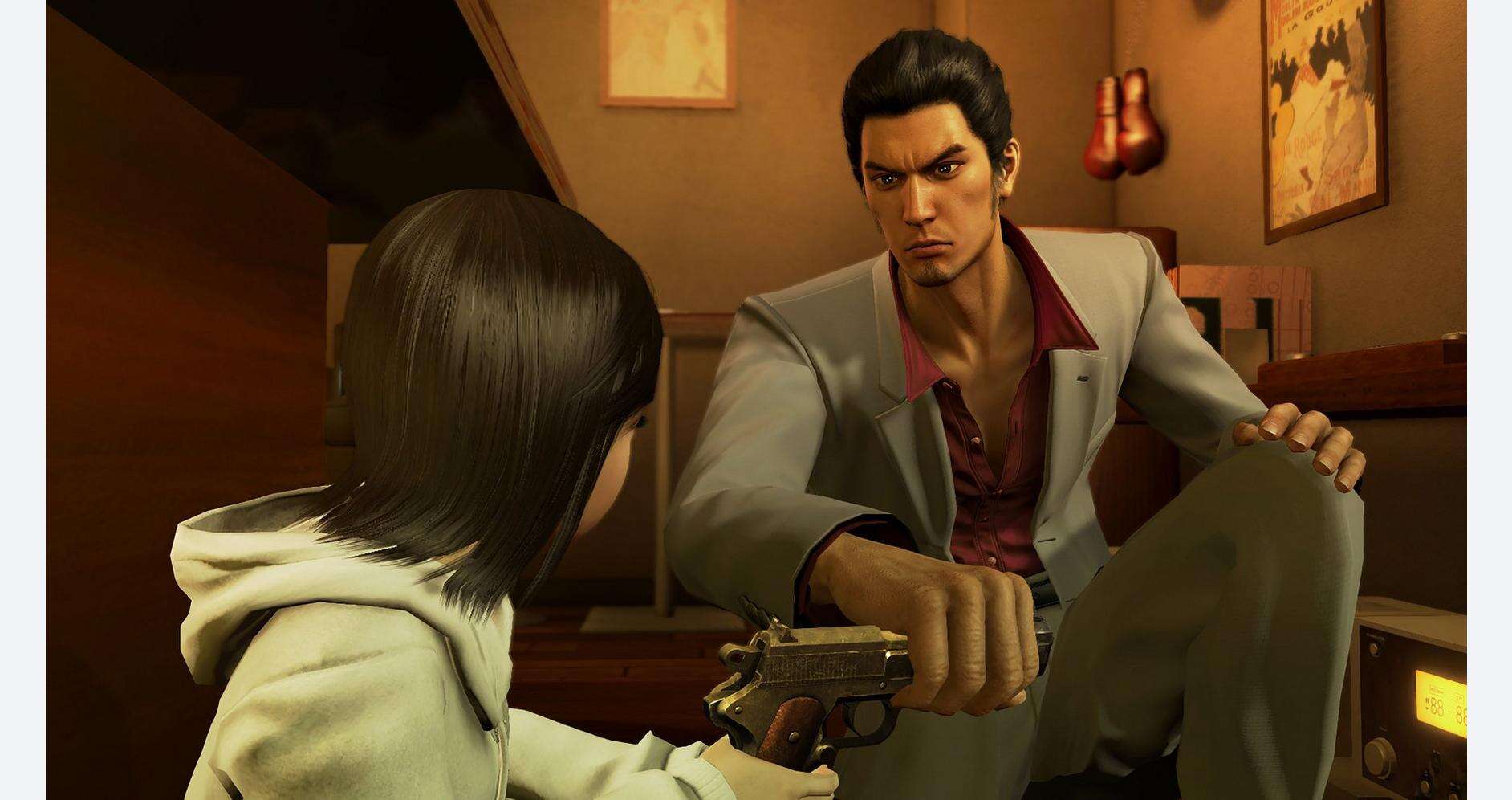 Yakuza Kiwami 1 scene with intense confrontation and gunpoint standoff.