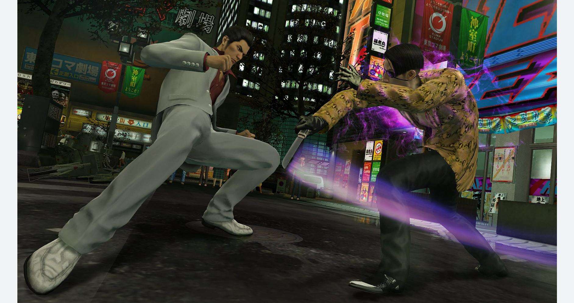 Yakuza Kiwami 1 action scene with characters fighting in a vibrant city setting.