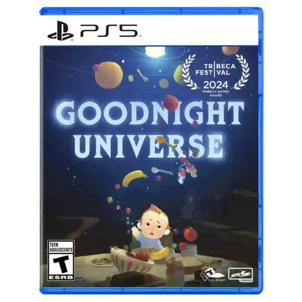PS5 game cover for Goodnight Universe, featuring a cute character in space with planets and stars.