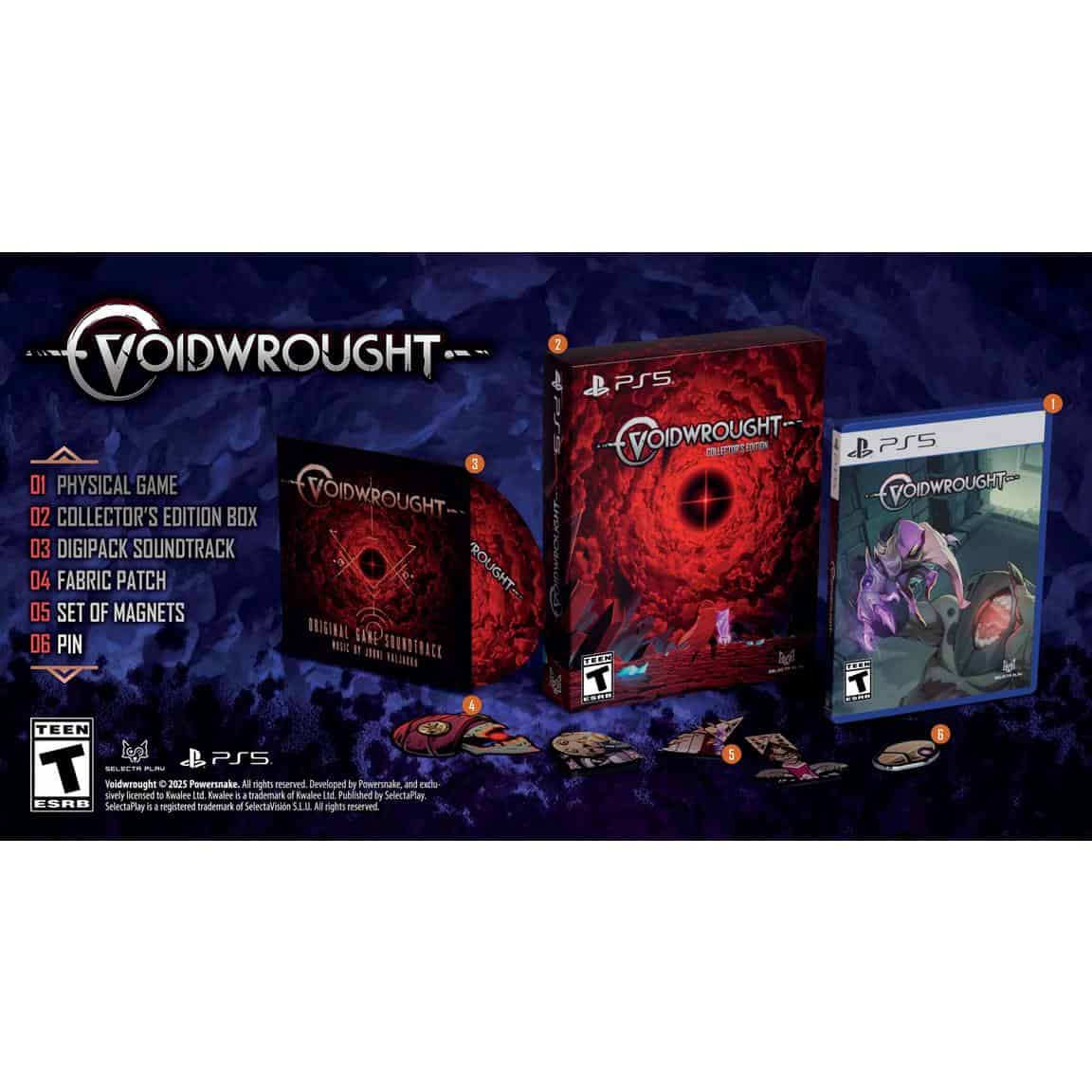 Voidwrought Collector's Edition box set with game, soundtrack, magnets, and pin for PS5.