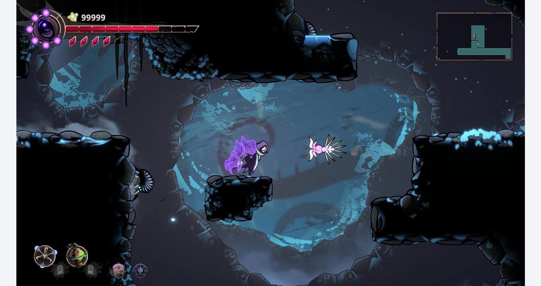 Dark fantasy game scene featuring a purple creature in an eerie, cavernous setting.