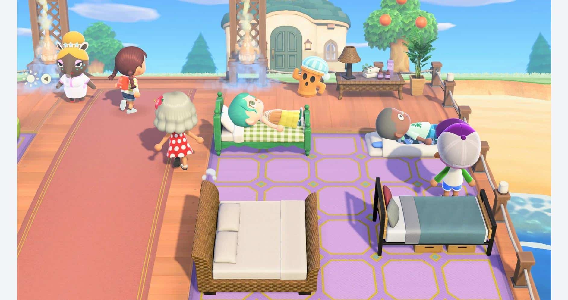 Animal Crossing: New Horizons villagers relaxing outdoors on a sunny day.