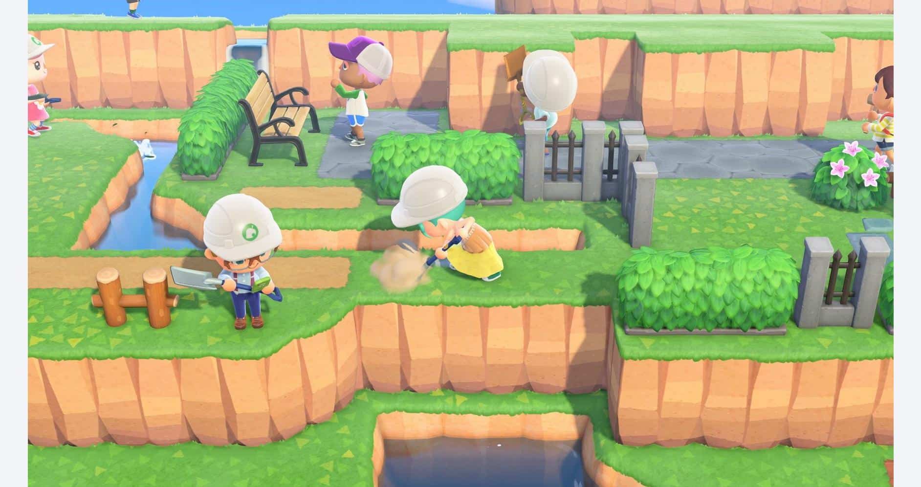 Characters digging and planting in Animal Crossing: New Horizons.