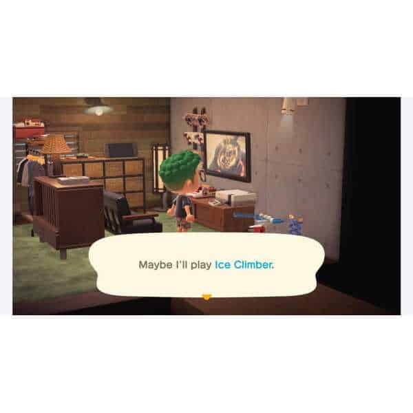 New Horizons gameplay scene with character playing Ice Climber on TV.