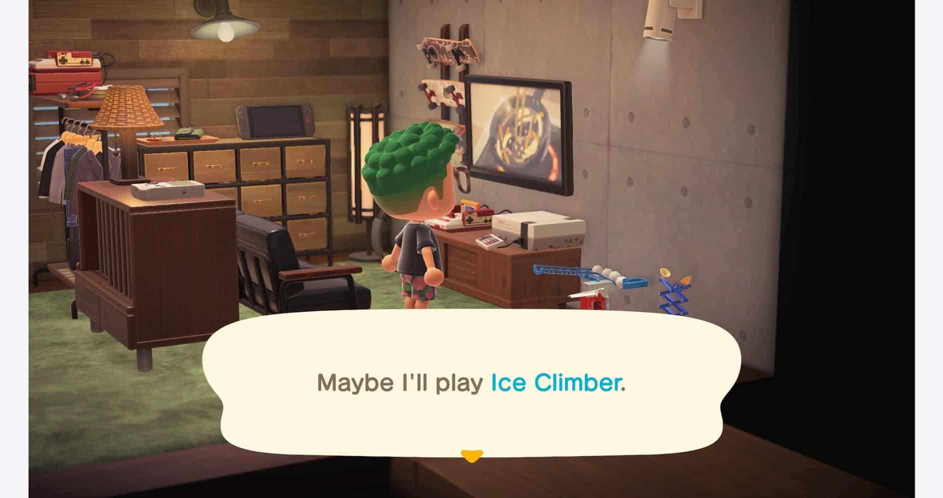 New Horizons gameplay scene with character playing Ice Climber on TV.