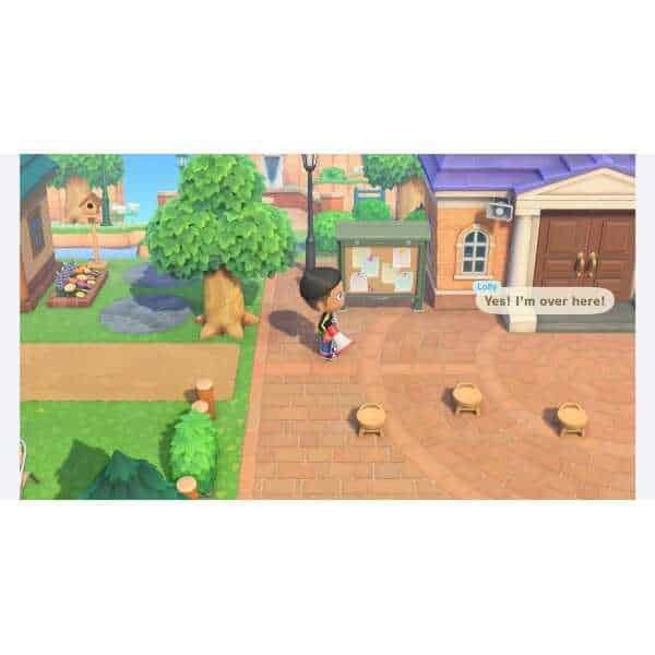 New Horizons character near bulletin board and trees.