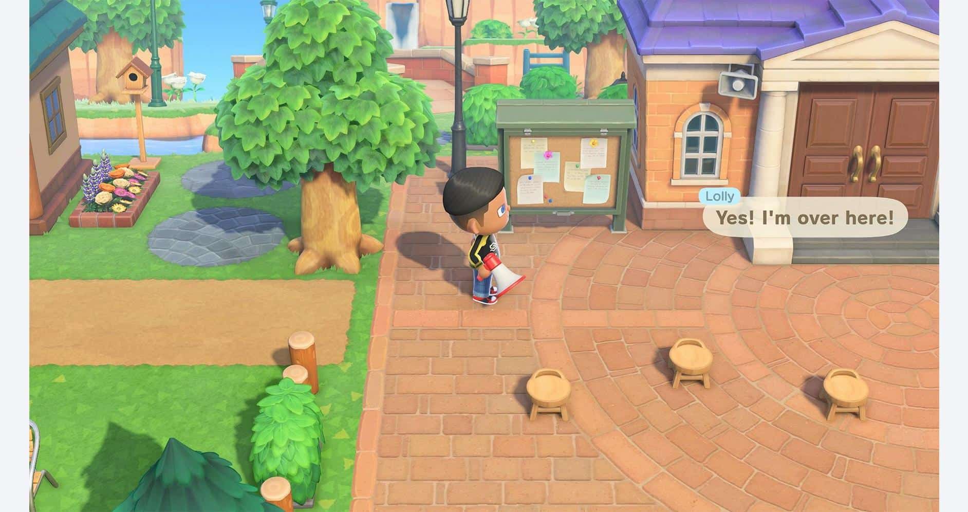 New Horizons character near bulletin board and trees.