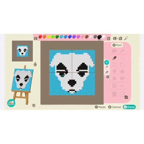 Pixel art of a dog face from Animal Crossing: New Horizons. Perfect for fans and gamers.
