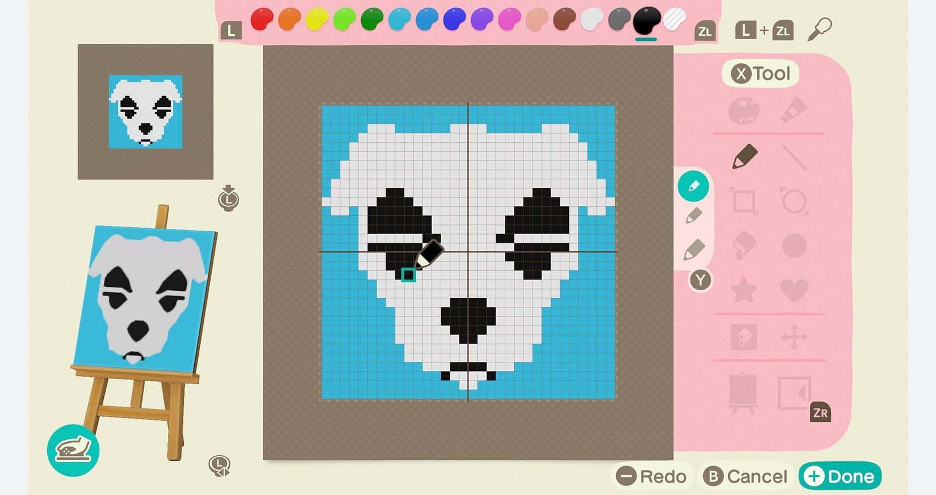 Pixel art of a dog face from Animal Crossing: New Horizons. Perfect for fans and gamers.