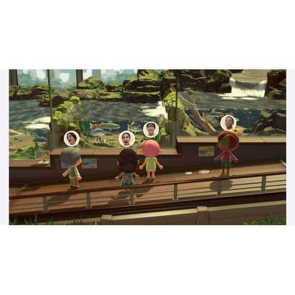 Exhibit of Animal Crossing: New Horizons characters viewing aquatic life in a large aquarium.