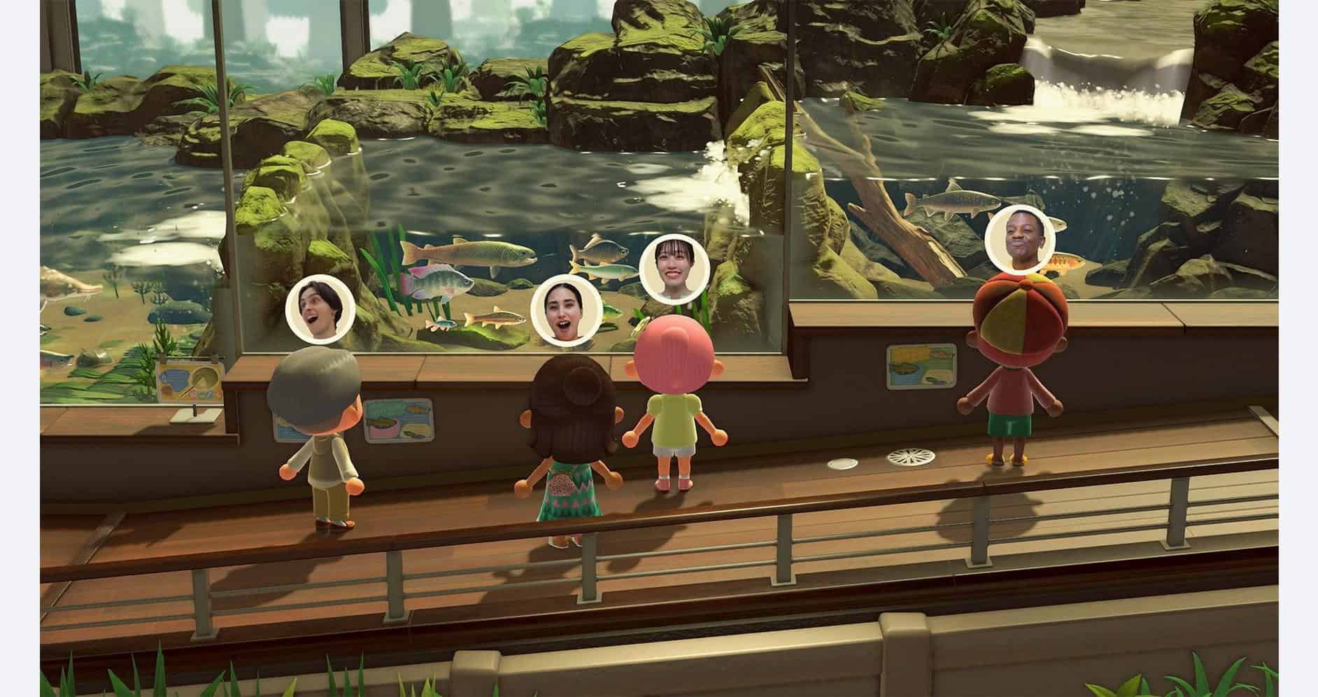 Exhibit of Animal Crossing: New Horizons characters viewing aquatic life in a large aquarium.