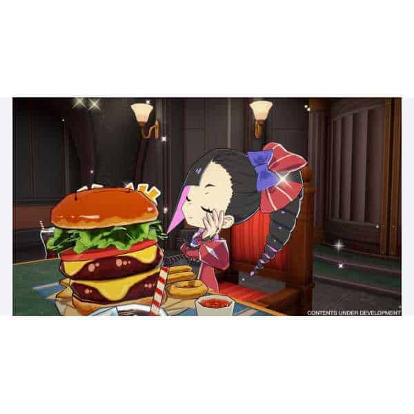 Cartoon girl with long braided hair dreaming of a giant burger.