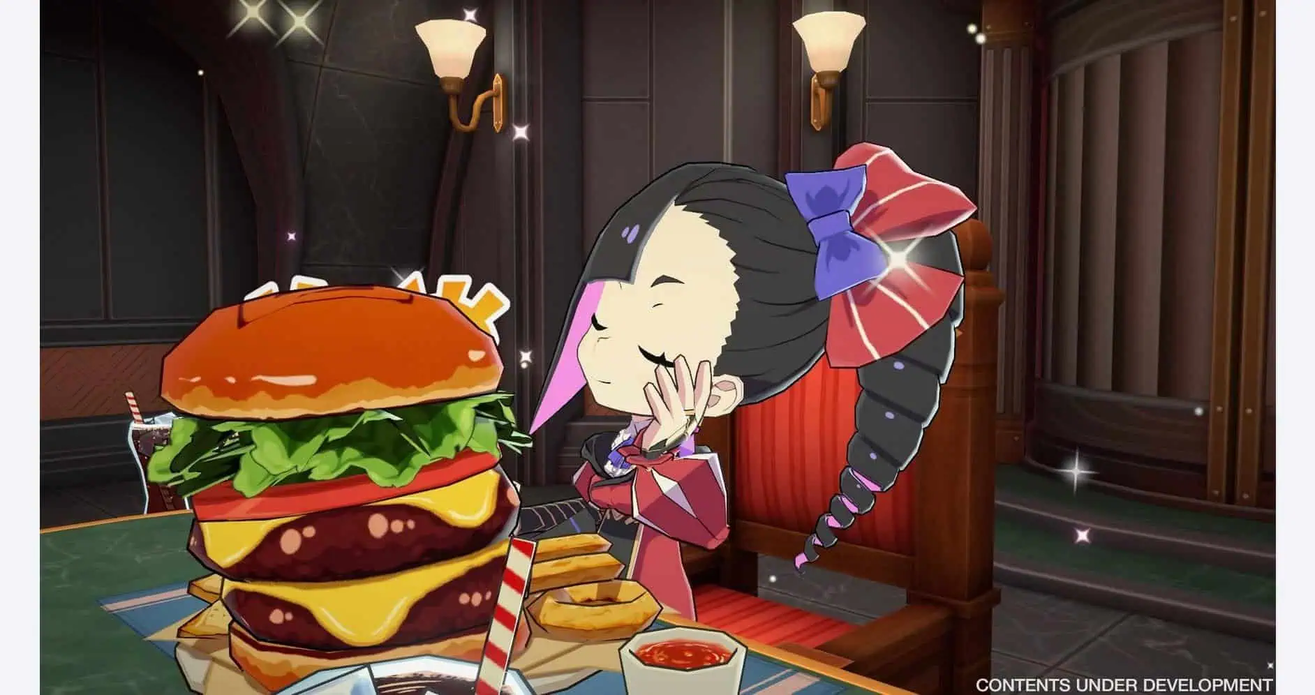 Cartoon girl with long braided hair dreaming of a giant burger.