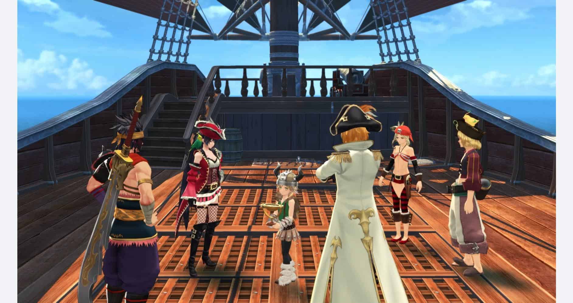 Group of pirates gathered on ship deck in Tales of Berseria REMASTERED game.