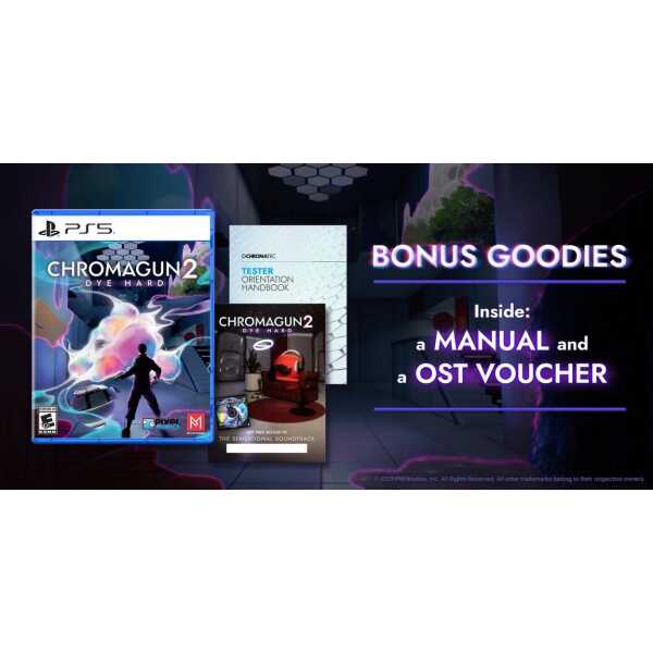 ChromaGun 2 game cover with bonus manuals and voucher for dye-hard puzzle gameplay.