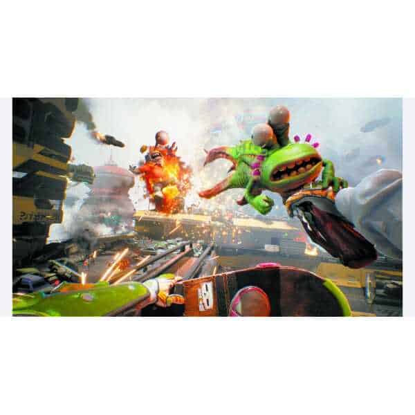 Action-packed scene from High on Life 2 featuring colorful alien characters and futuristic cityscape.