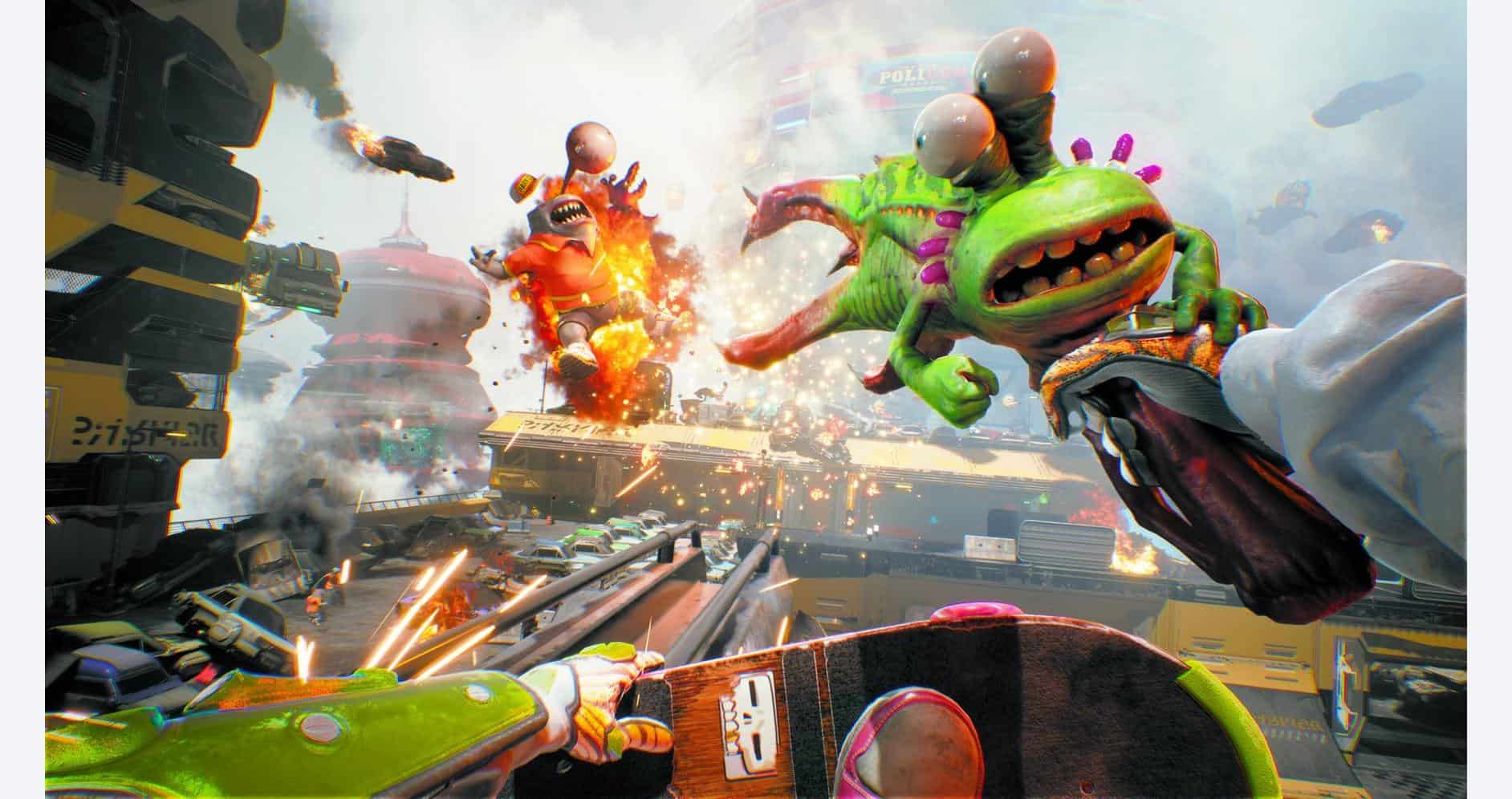 Action-packed scene from High on Life 2 featuring colorful alien characters and futuristic cityscape.