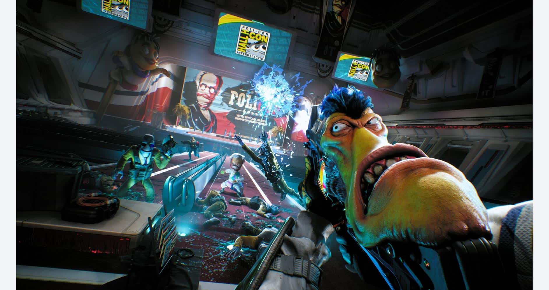 Action-packed scene from High on Life 2 showing colorful alien characters and futuristic setting.